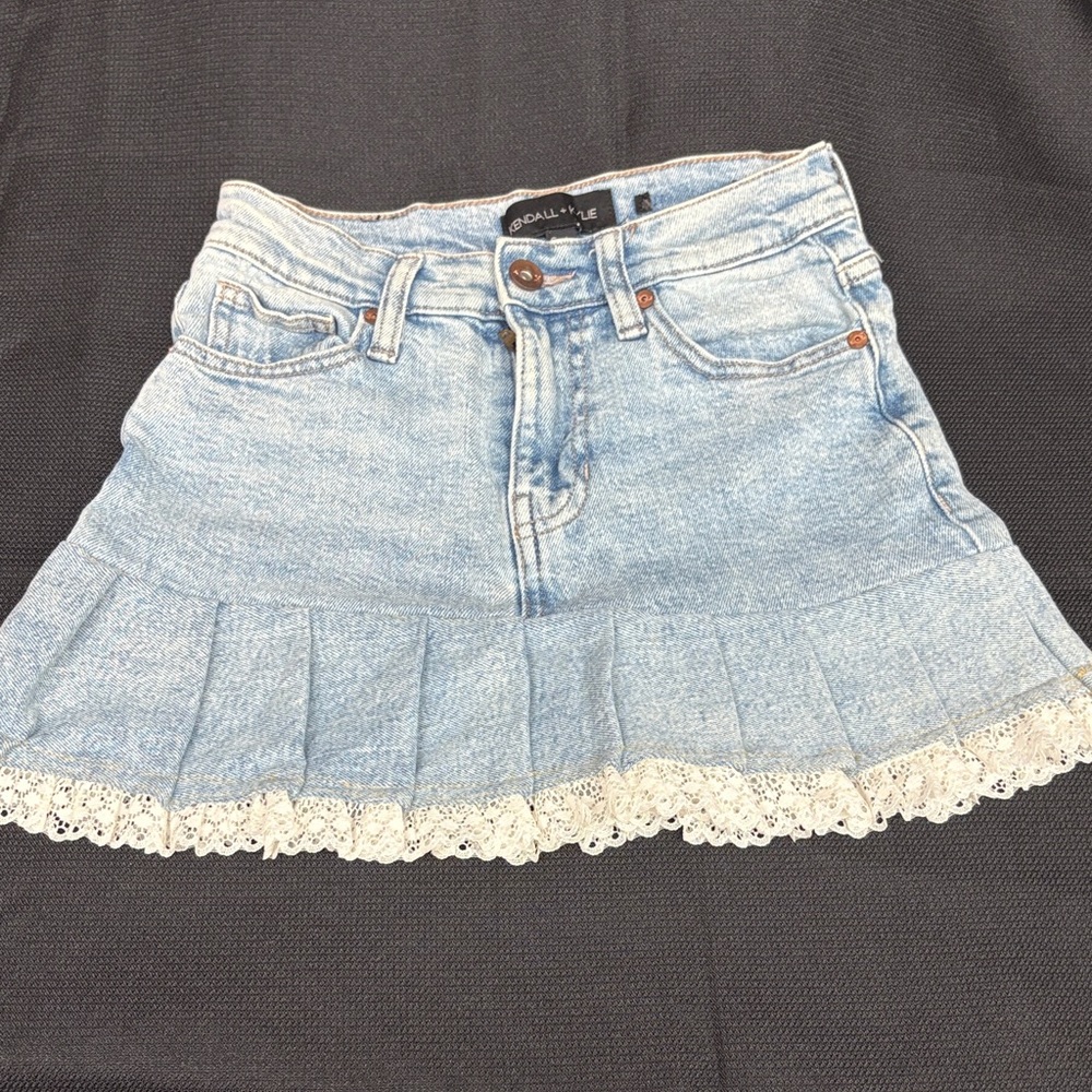 Kendall & Kylie Light Blue Denim Skirt with White Lace